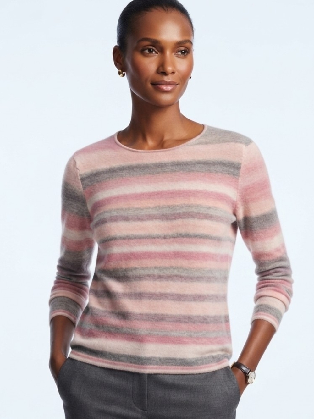 Anne Klein 100% Cashmere Striped Crewneck Sweater Pink Gray Large
